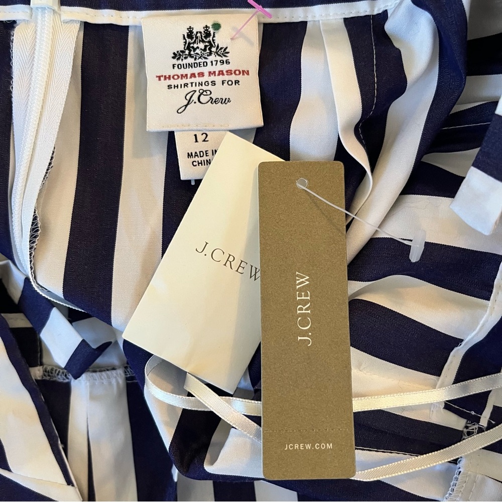 J. Crew/Thomas Mason Navy Blue/White Cotton Striped Apron Tie Midi Dress 12 - Picture 8 of 10